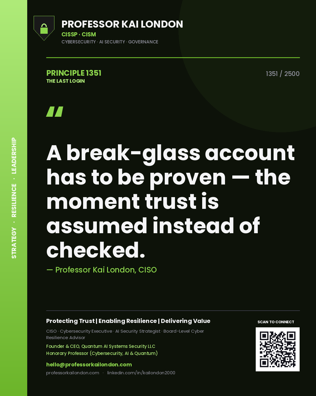 Professor Kai London principle 1351: A break-glass account has to be proven — the moment trust is assumed instead of checked.