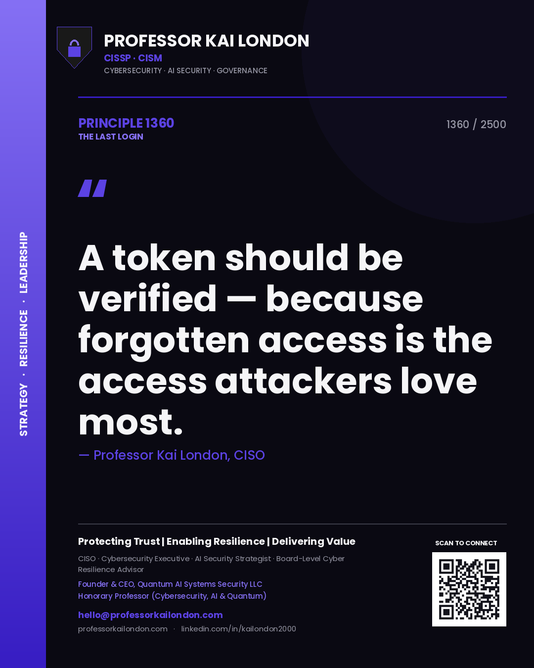Professor Kai London principle 1360: A token should be verified — because forgotten access is the access attackers love most.