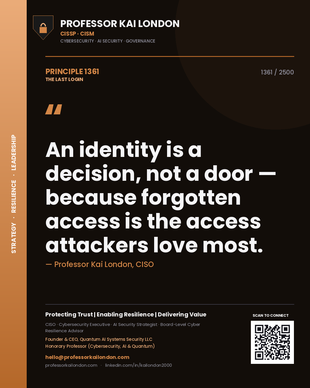 Quote card by Professor Kai London reading 'An identity is a decision, not a door — because forgotten access is the access attackers love most.'. From the book The Last Login.