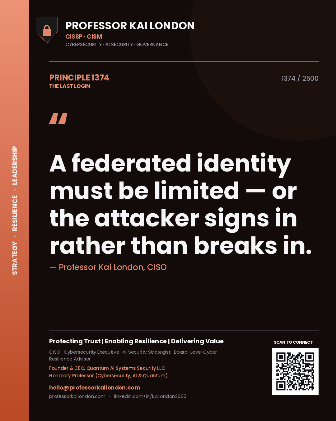 Professor Kai London principle 1374: A federated identity must be limited — or the attacker signs in rather than breaks in.