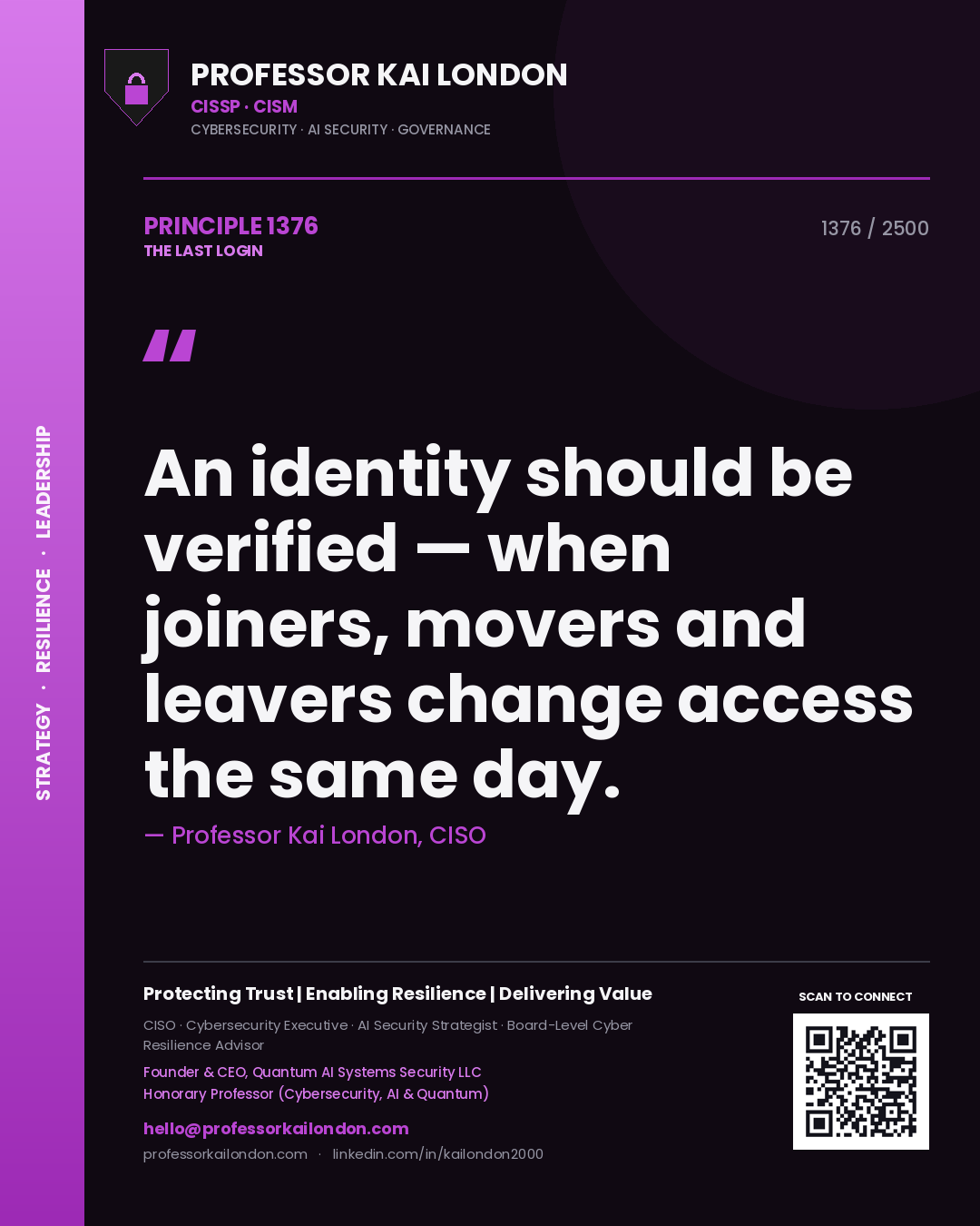 Quote card by Professor Kai London reading 'An identity should be verified — when joiners, movers and leavers change access the same day.'. From the book The Last Login.