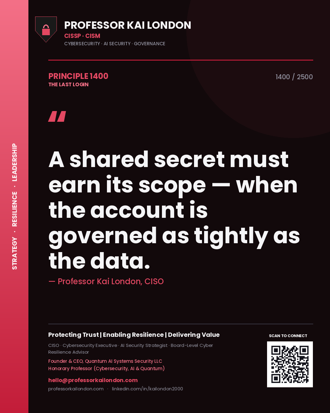 Professor Kai London principle 1400: A shared secret must earn its scope — when the account is governed as tightly as the data.