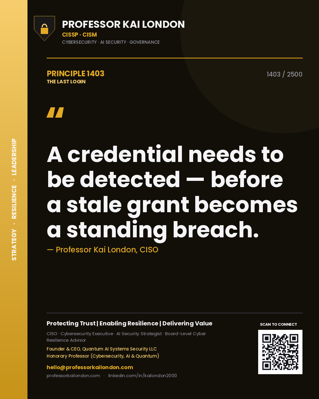 Professor Kai London principle 1403: A credential needs to be detected — before a stale grant becomes a standing breach.