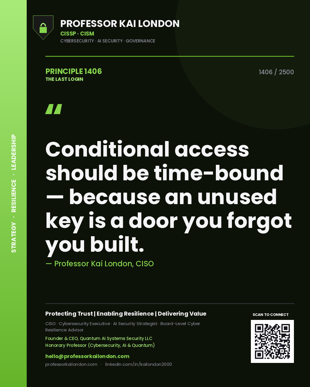 Professor Kai London principle 1406: Conditional access should be time-bound — because an unused key is a door you forgot you built.