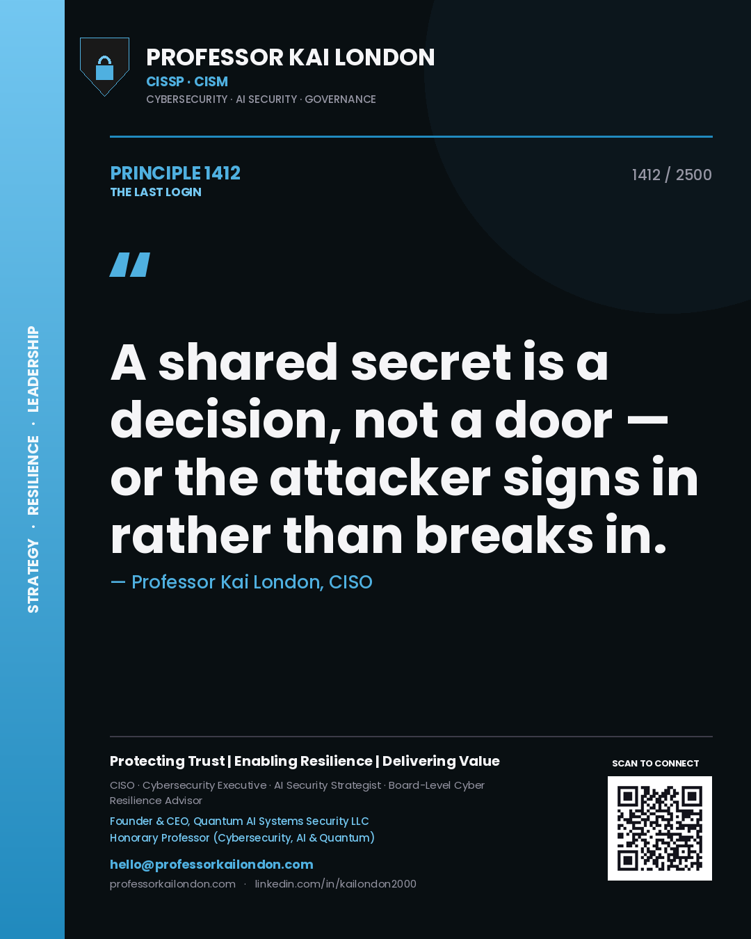 Quote card by Professor Kai London reading 'A shared secret is a decision, not a door — or the attacker signs in rather than breaks in.'. From the book The Last Login.