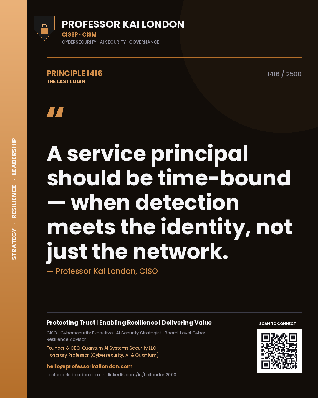 Quote card by Professor Kai London reading 'A service principal should be time-bound — when detection meets the identity, not just the network.'. From the book The Last Login.