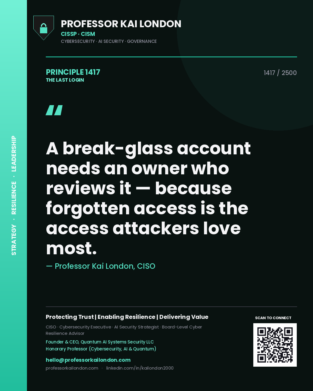 Quote card by Professor Kai London reading 'A break-glass account needs an owner who reviews it — because forgotten access is the access attackers love most.'. From the book The Last Login.