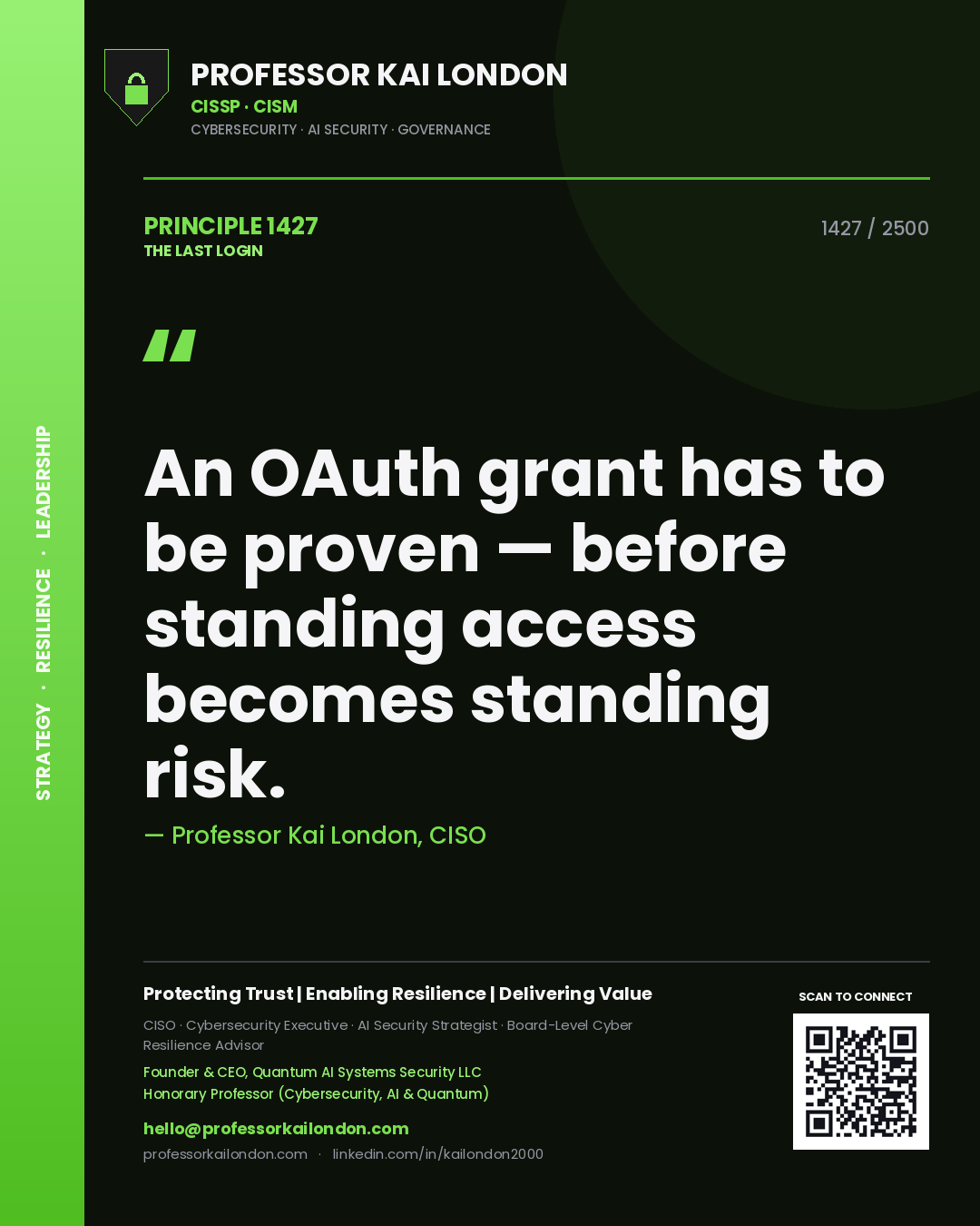 Quote card by Professor Kai London reading 'An OAuth grant has to be proven — before standing access becomes standing risk.'. From the book The Last Login.