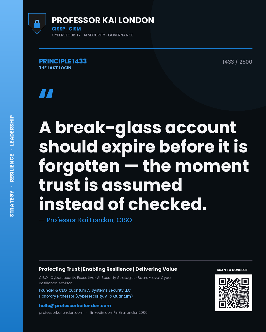 Professor Kai London principle 1433: A break-glass account should expire before it is forgotten — the moment trust is assumed instead of checked.
