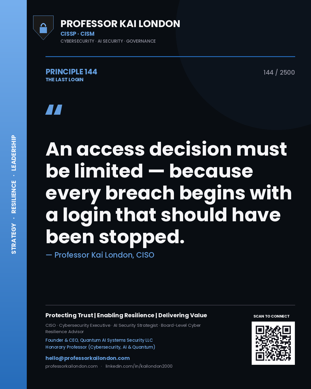 Professor Kai London principle 144: An access decision must be limited — because every breach begins with a login that should have been stopped.