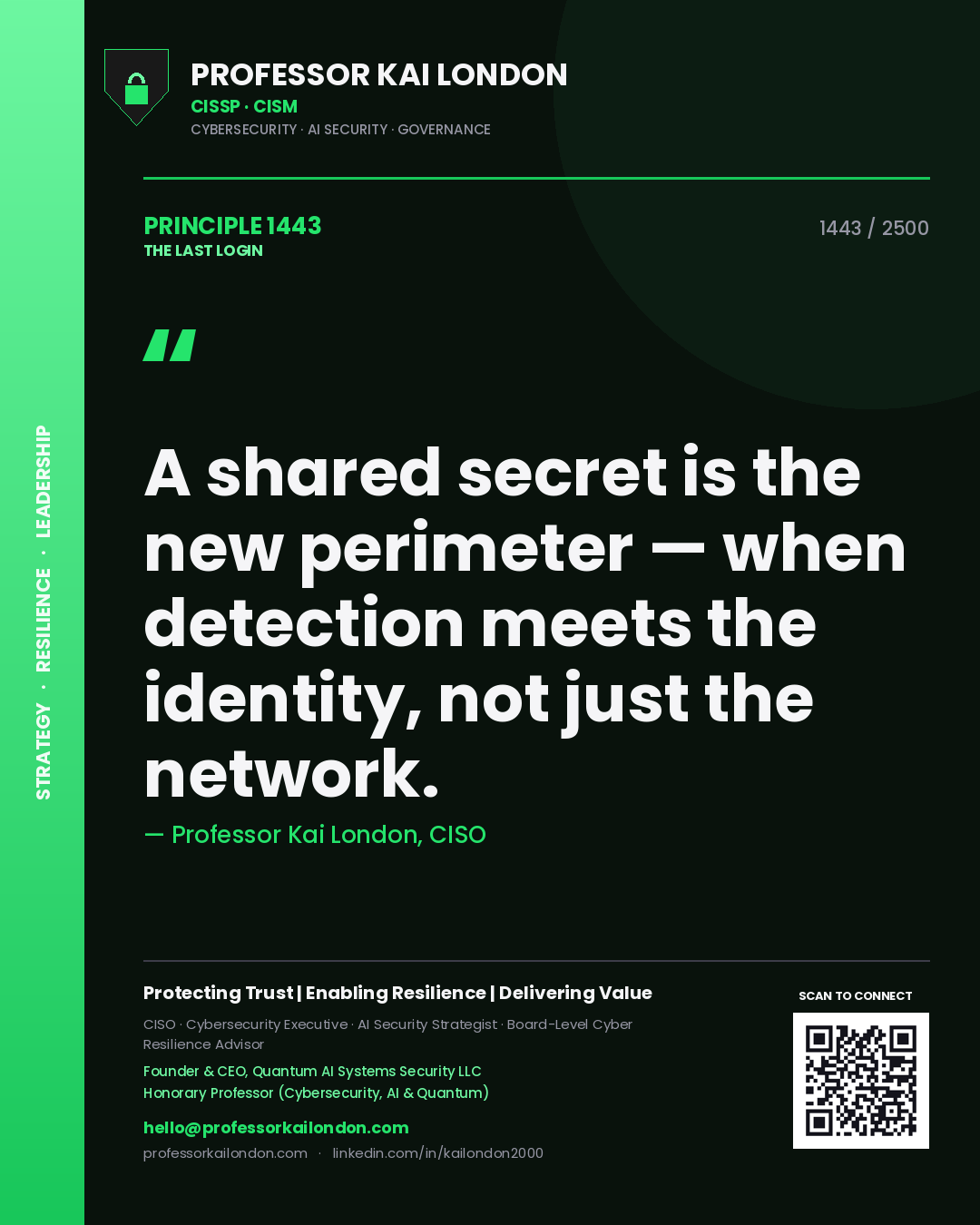 Professor Kai London principle 1443: A shared secret is the new perimeter — when detection meets the identity, not just the network.