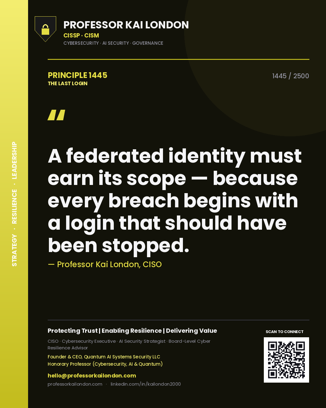 Professor Kai London principle 1445: A federated identity must earn its scope — because every breach begins with a login that should have been stopped.