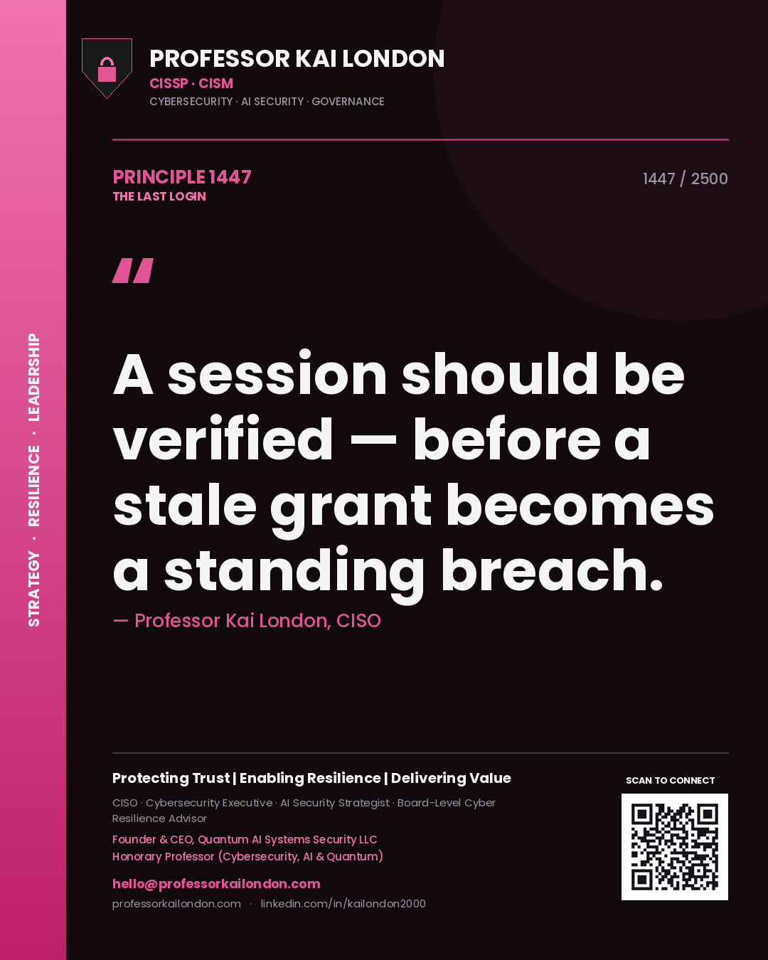 Quote card by Professor Kai London reading 'A session should be verified — before a stale grant becomes a standing breach.'. From the book The Last Login.