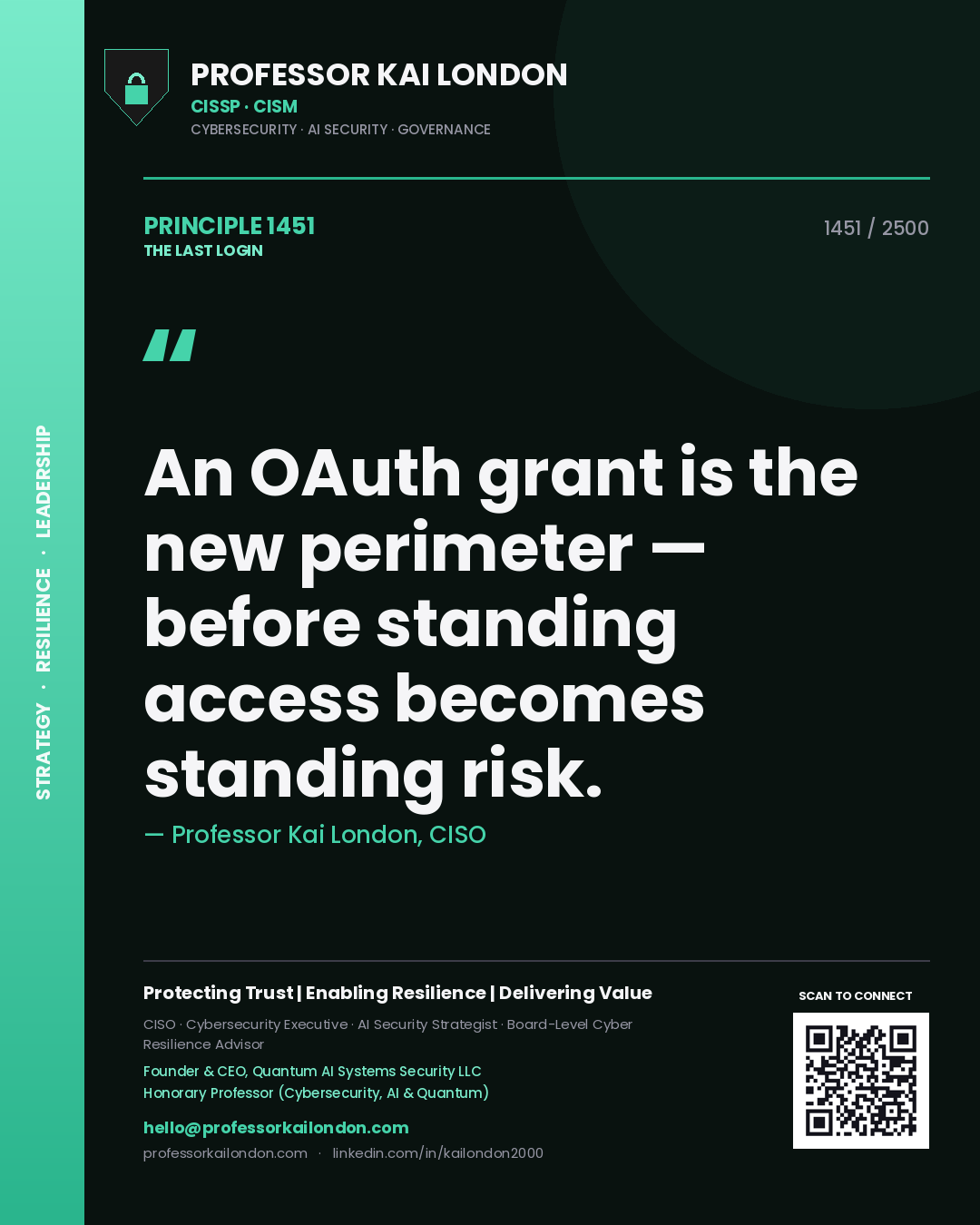 Professor Kai London principle 1451: An OAuth grant is the new perimeter — before standing access becomes standing risk.