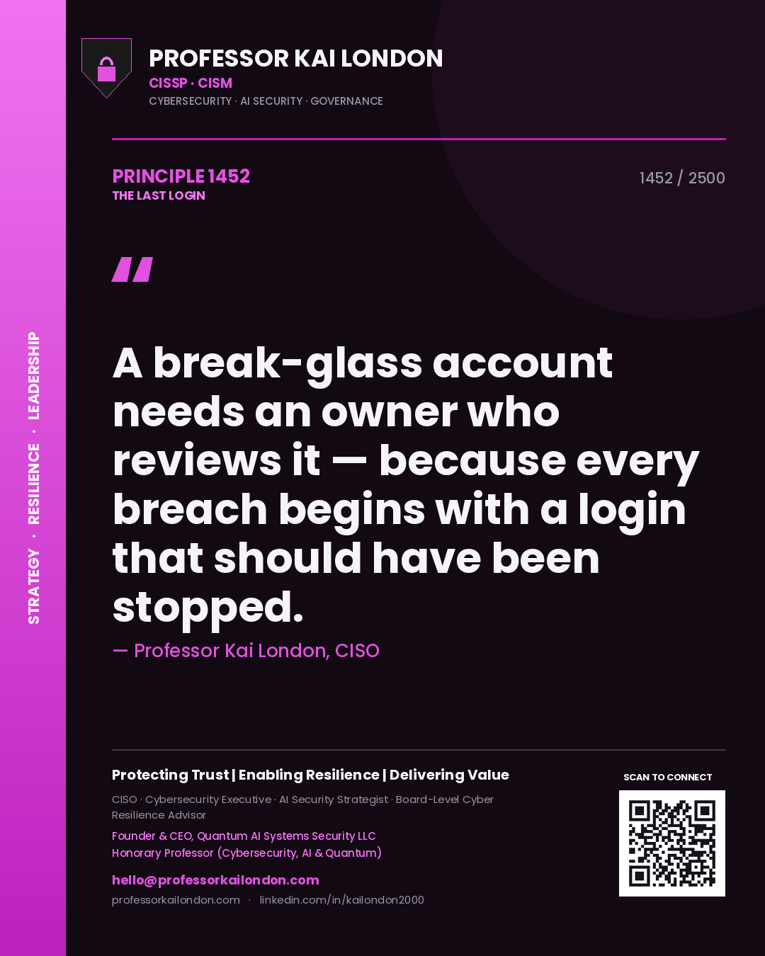 Quote card by Professor Kai London reading 'A break-glass account needs an owner who reviews it — because every breach begins with a login that should have been stopped.'. From the book The Last Login.