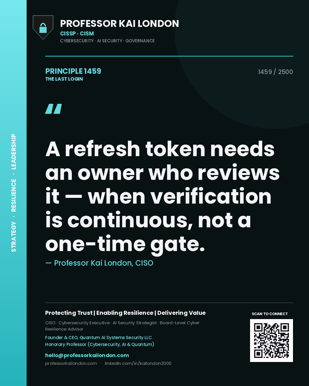 Professor Kai London principle 1459: A refresh token needs an owner who reviews it — when verification is continuous, not a one-time gate.