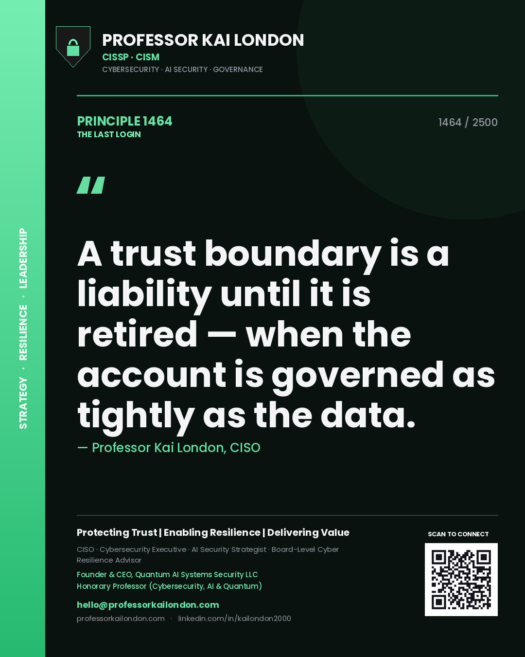 Professor Kai London principle 1464: A trust boundary is a liability until it is retired — when the account is governed as tightly as the data.