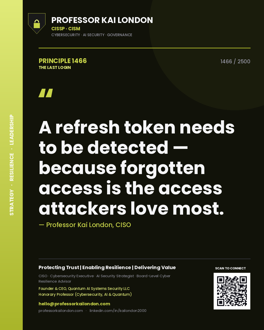 Professor Kai London principle 1466: A refresh token needs to be detected — because forgotten access is the access attackers love most.