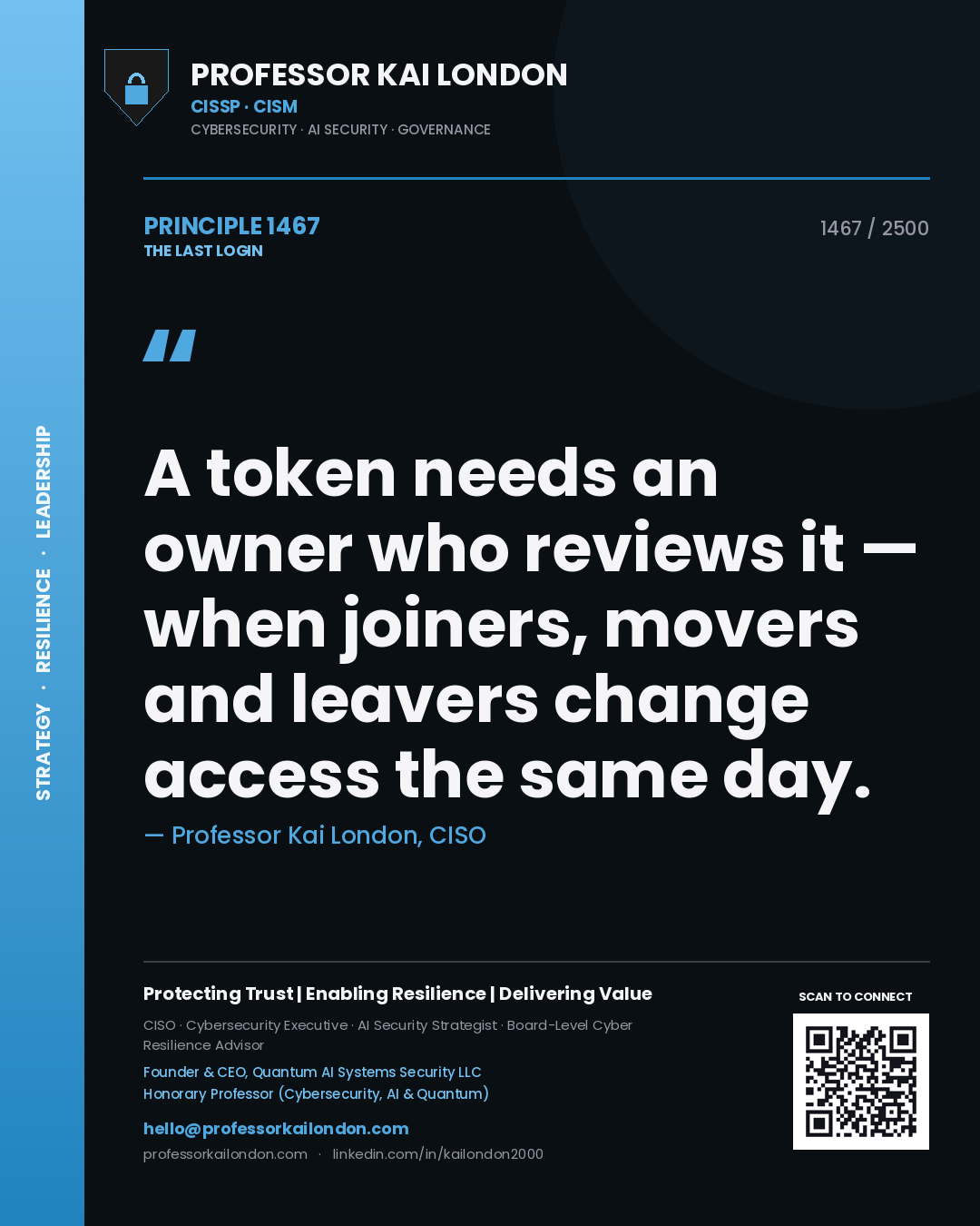 Quote card by Professor Kai London reading 'A token needs an owner who reviews it — when joiners, movers and leavers change access the same day.'. From the book The Last Login.