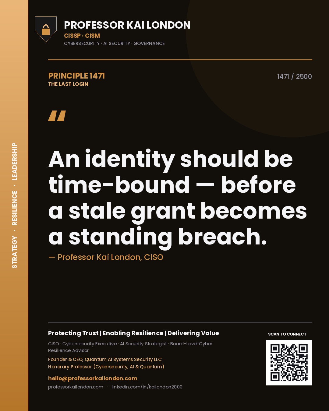 Professor Kai London principle 1471: An identity should be time-bound — before a stale grant becomes a standing breach.