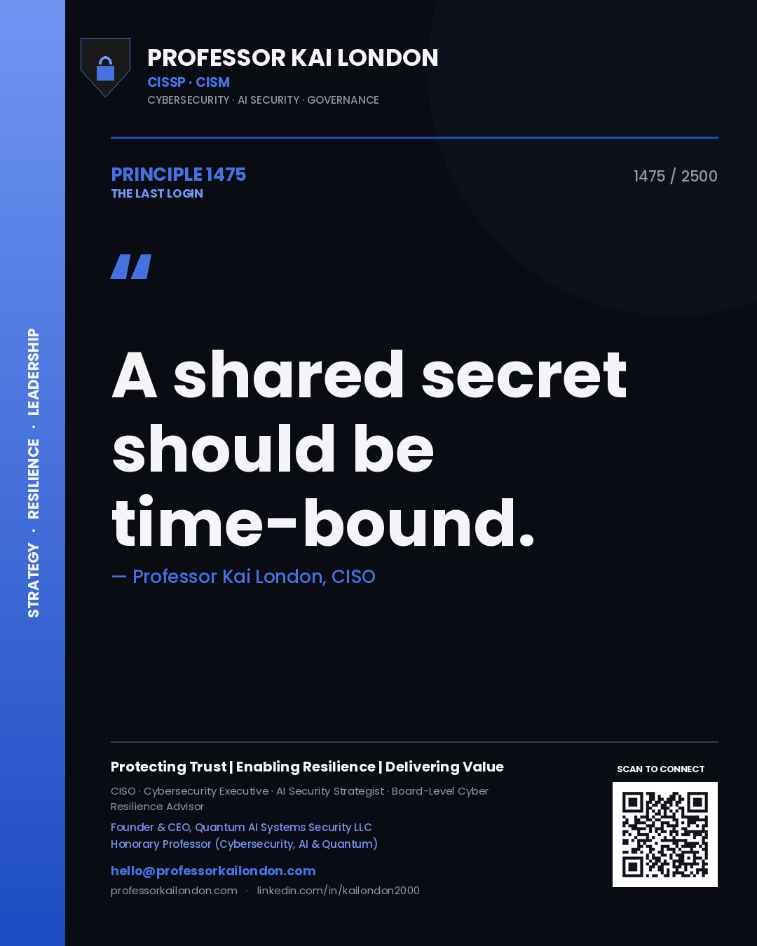 Quote card by Professor Kai London reading 'A shared secret should be time-bound.'. From the book The Last Login.
