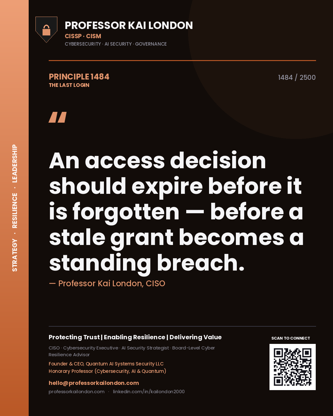 Quote card by Professor Kai London reading 'An access decision should expire before it is forgotten — before a stale grant becomes a standing breach.'. From the book The Last Login.