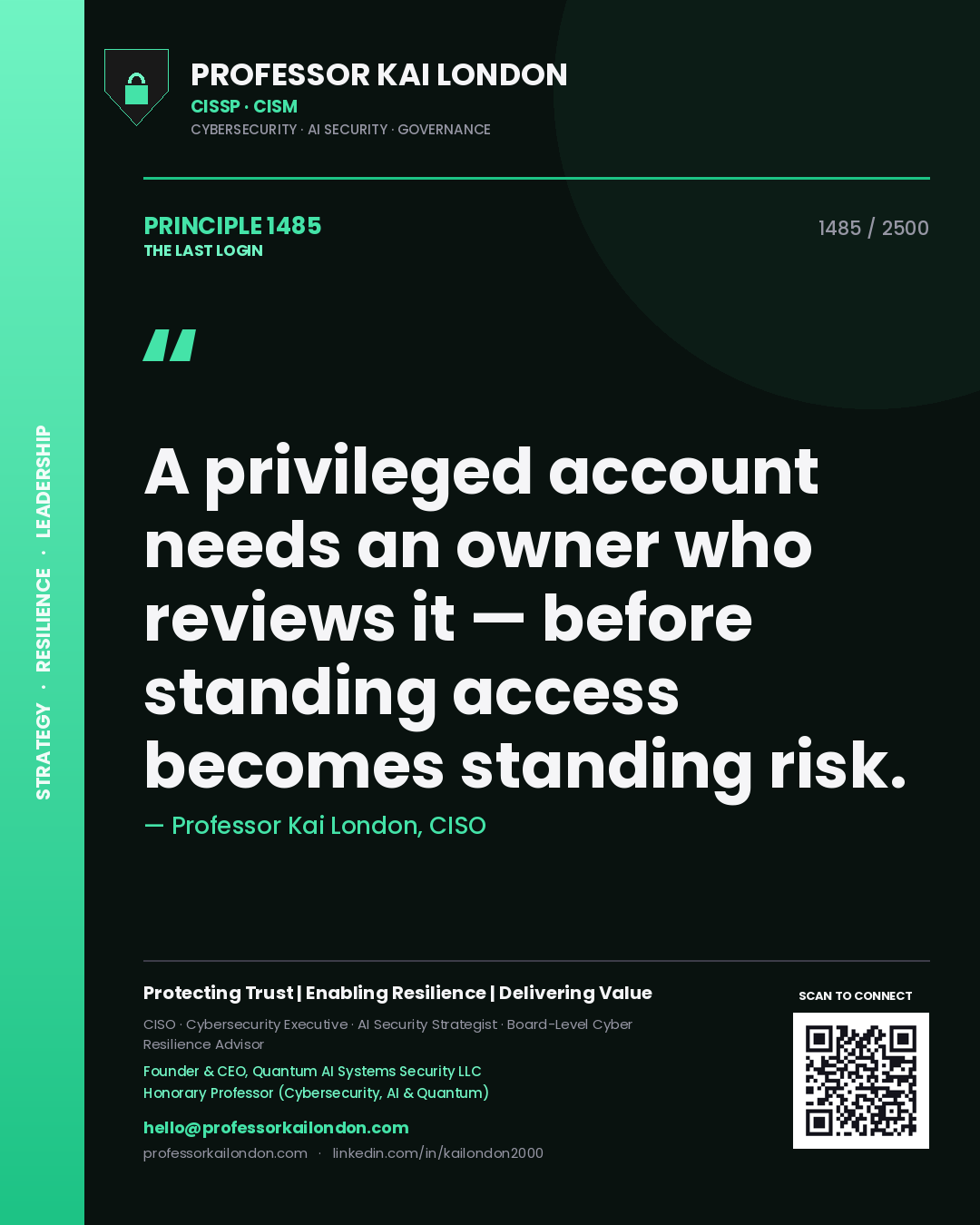 Professor Kai London principle 1485: A privileged account needs an owner who reviews it — before standing access becomes standing risk.