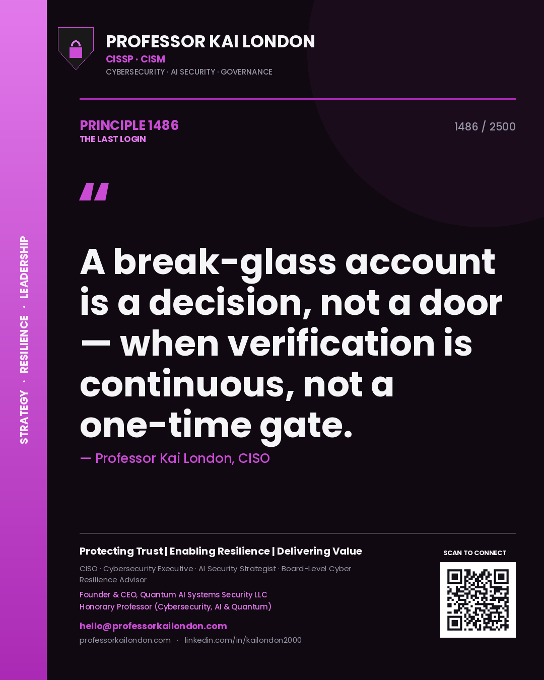 Quote card by Professor Kai London reading 'A break-glass account is a decision, not a door — when verification is continuous, not a one-time gate.'. From the book The Last Login.