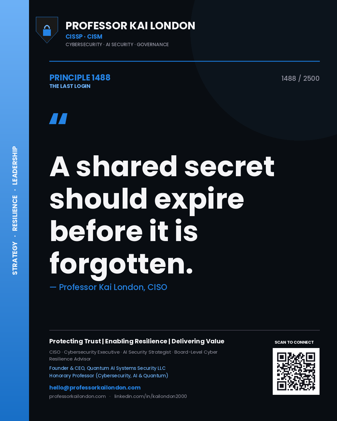 Quote card by Professor Kai London reading 'A shared secret should expire before it is forgotten.'. From the book The Last Login.