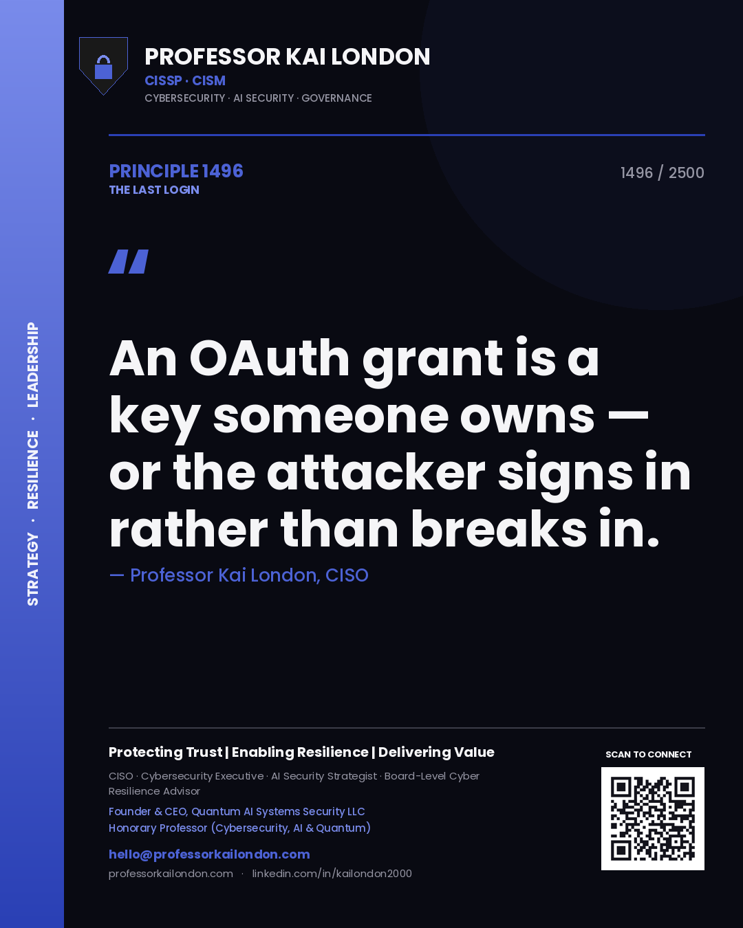Quote card by Professor Kai London reading 'An OAuth grant is a key someone owns — or the attacker signs in rather than breaks in.'. From the book The Last Login.