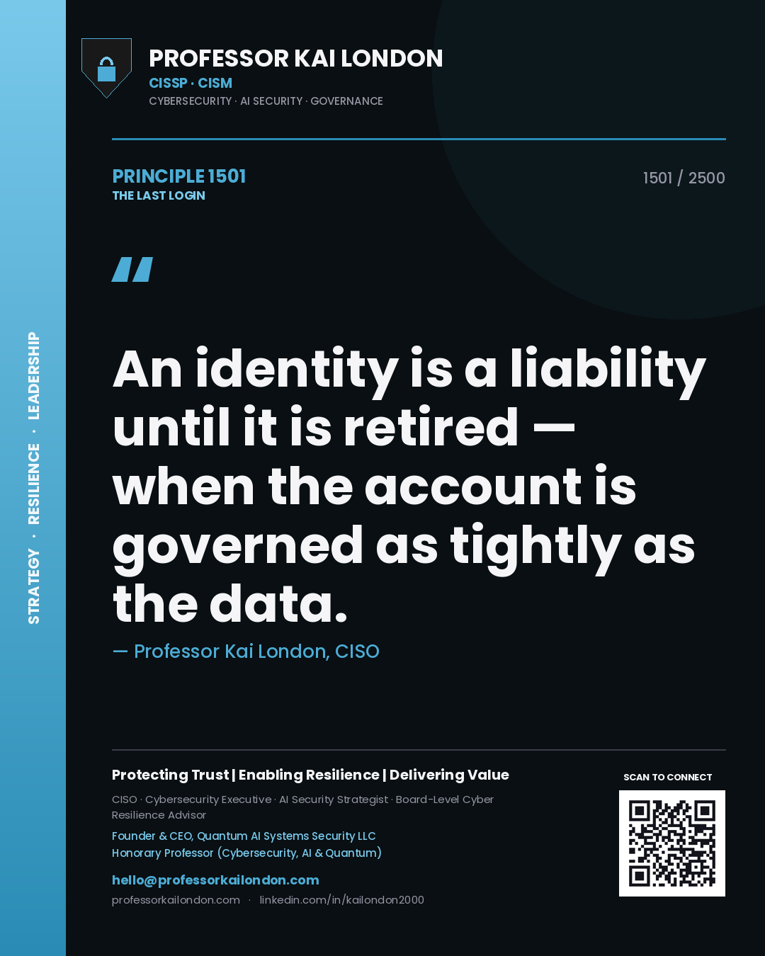 Quote card by Professor Kai London reading 'An identity is a liability until it is retired — when the account is governed as tightly as the data.'. From the book The Last Login.