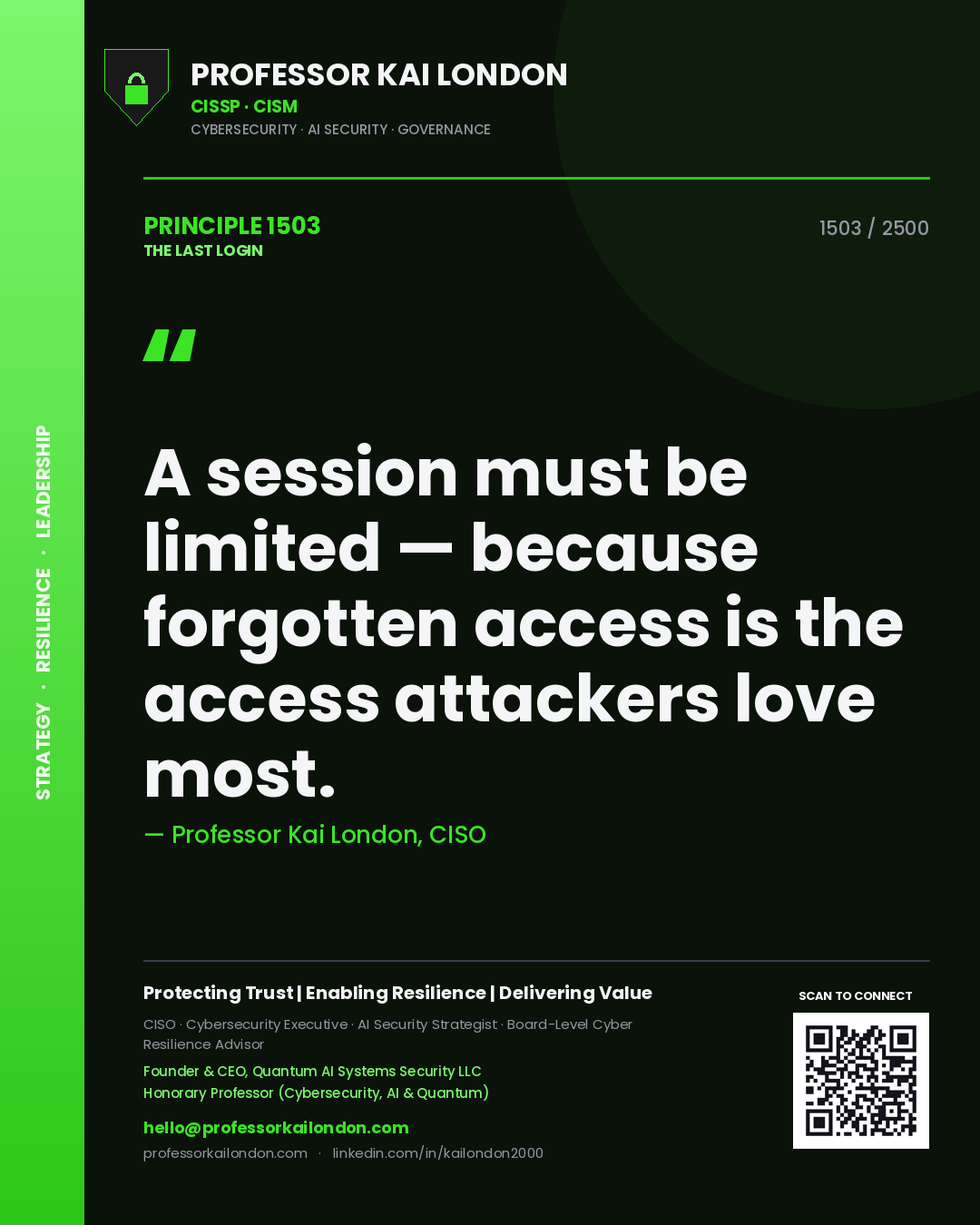 Quote card by Professor Kai London reading 'A session must be limited — because forgotten access is the access attackers love most.'. From the book The Last Login.