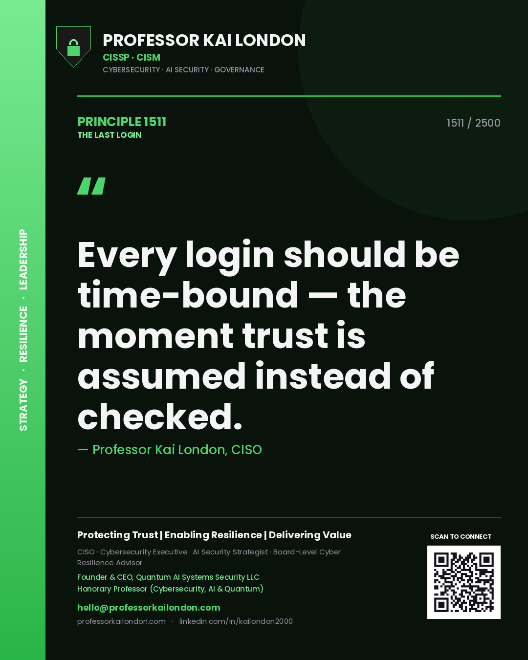 Professor Kai London principle 1511: Every login should be time-bound — the moment trust is assumed instead of checked.