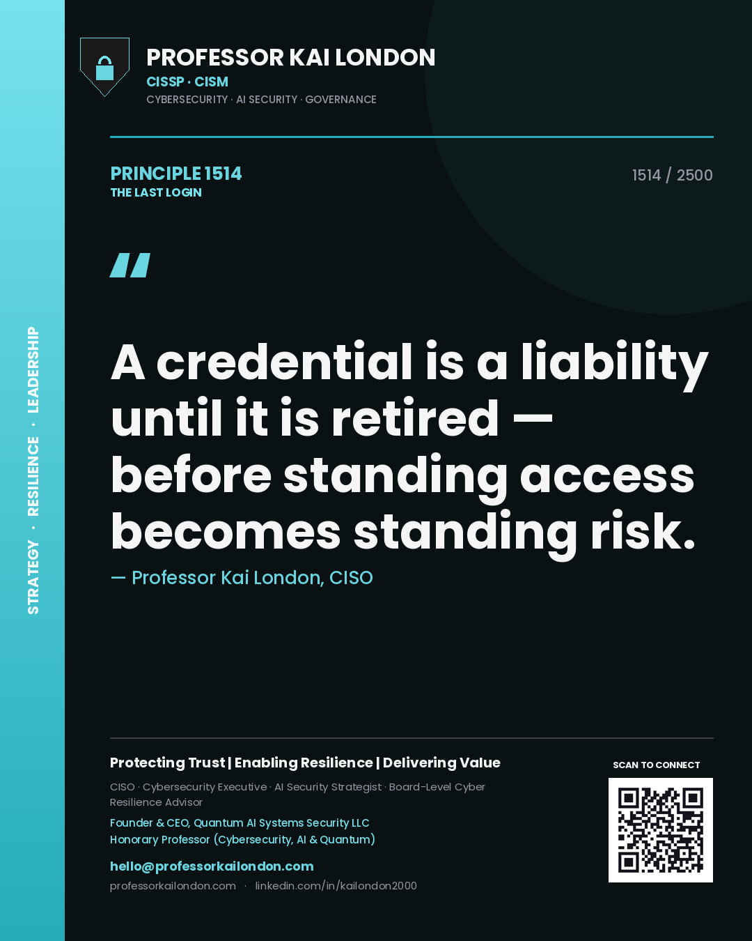 Professor Kai London principle 1514: A credential is a liability until it is retired — before standing access becomes standing risk.