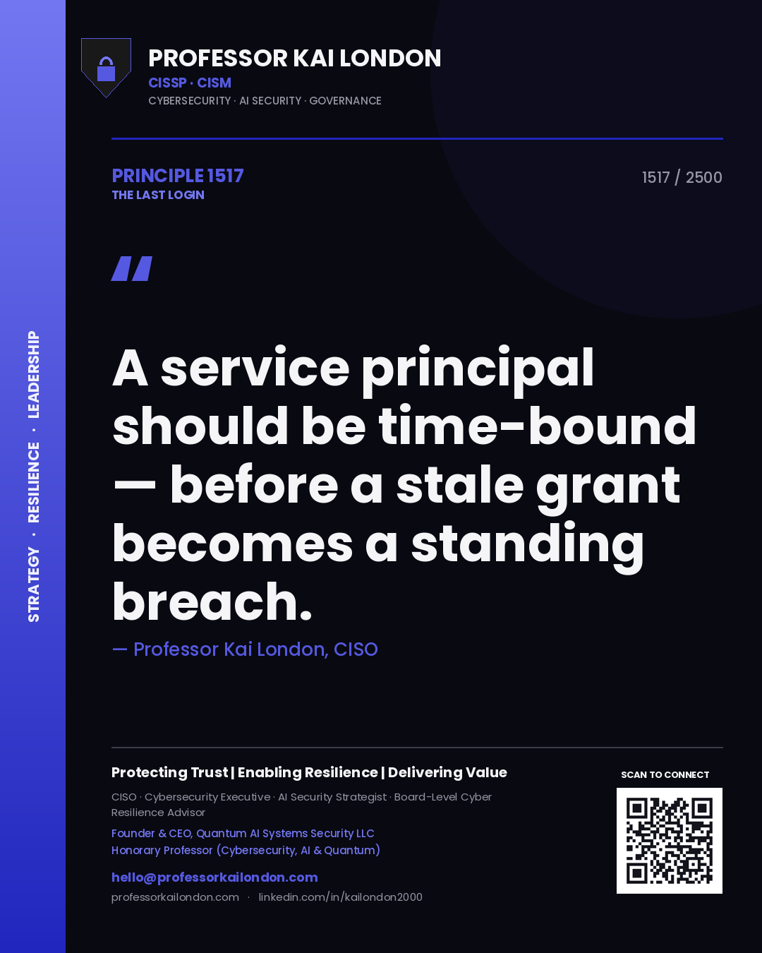Professor Kai London principle 1517: A service principal should be time-bound — before a stale grant becomes a standing breach.