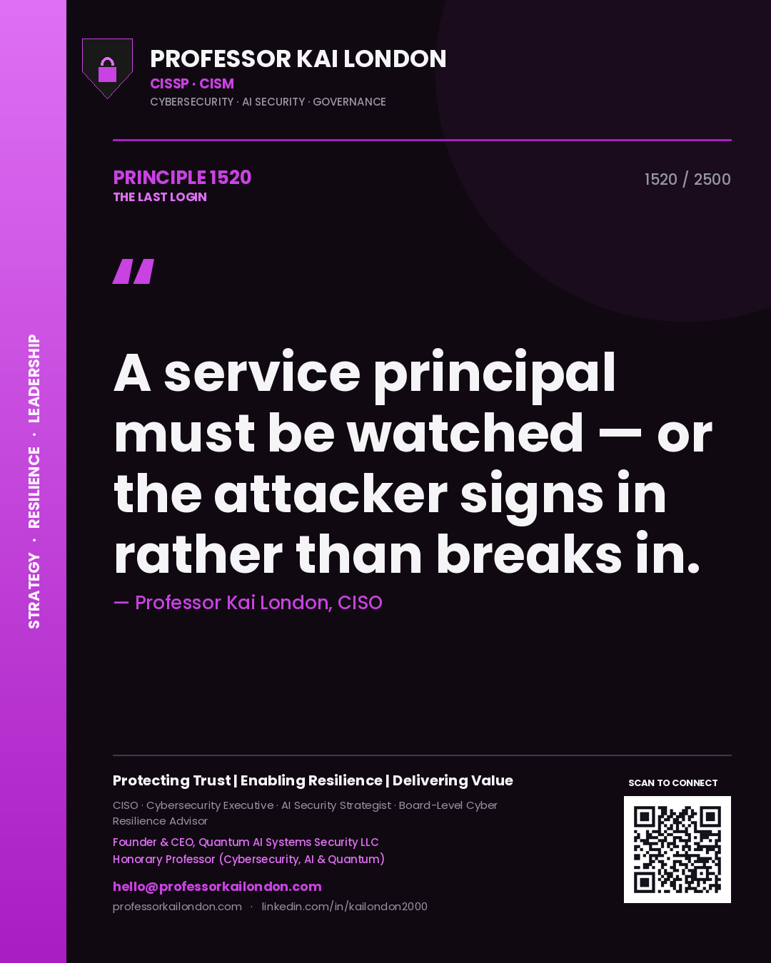 Professor Kai London principle 1520: A service principal must be watched — or the attacker signs in rather than breaks in.