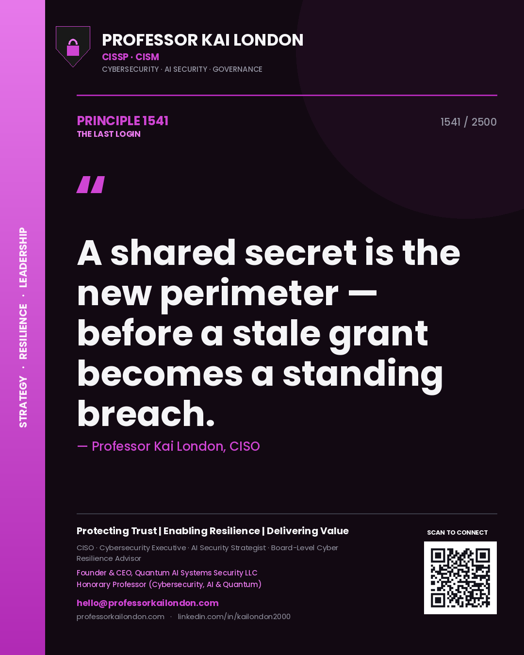 Professor Kai London principle 1541: A shared secret is the new perimeter — before a stale grant becomes a standing breach.
