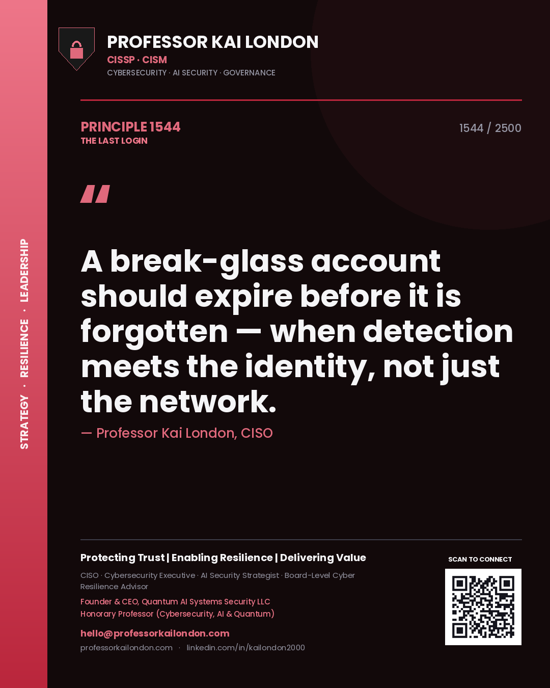 Professor Kai London principle 1544: A break-glass account should expire before it is forgotten — when detection meets the identity, not just the network.