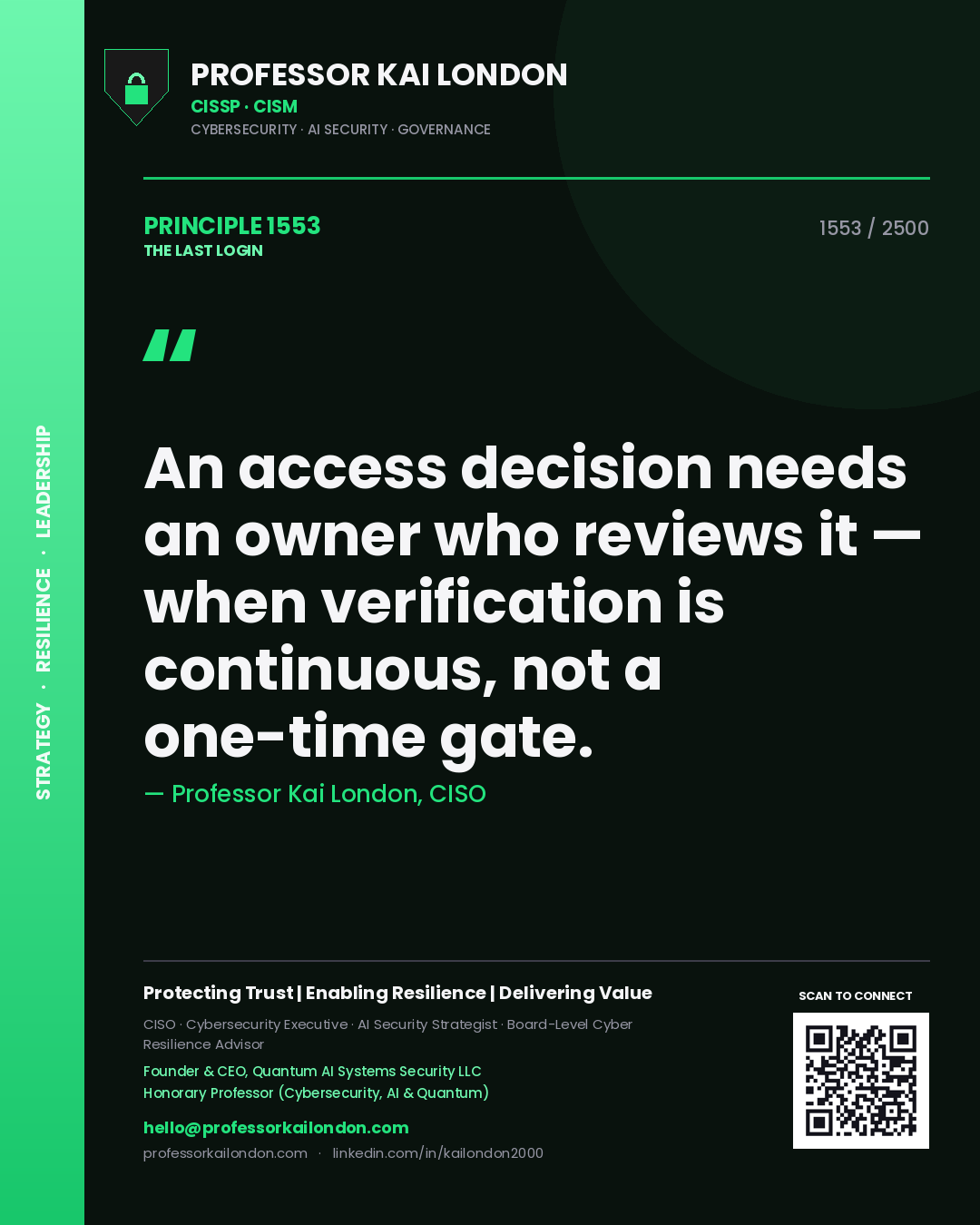 Professor Kai London principle 1553: An access decision needs an owner who reviews it — when verification is continuous, not a one-time gate.