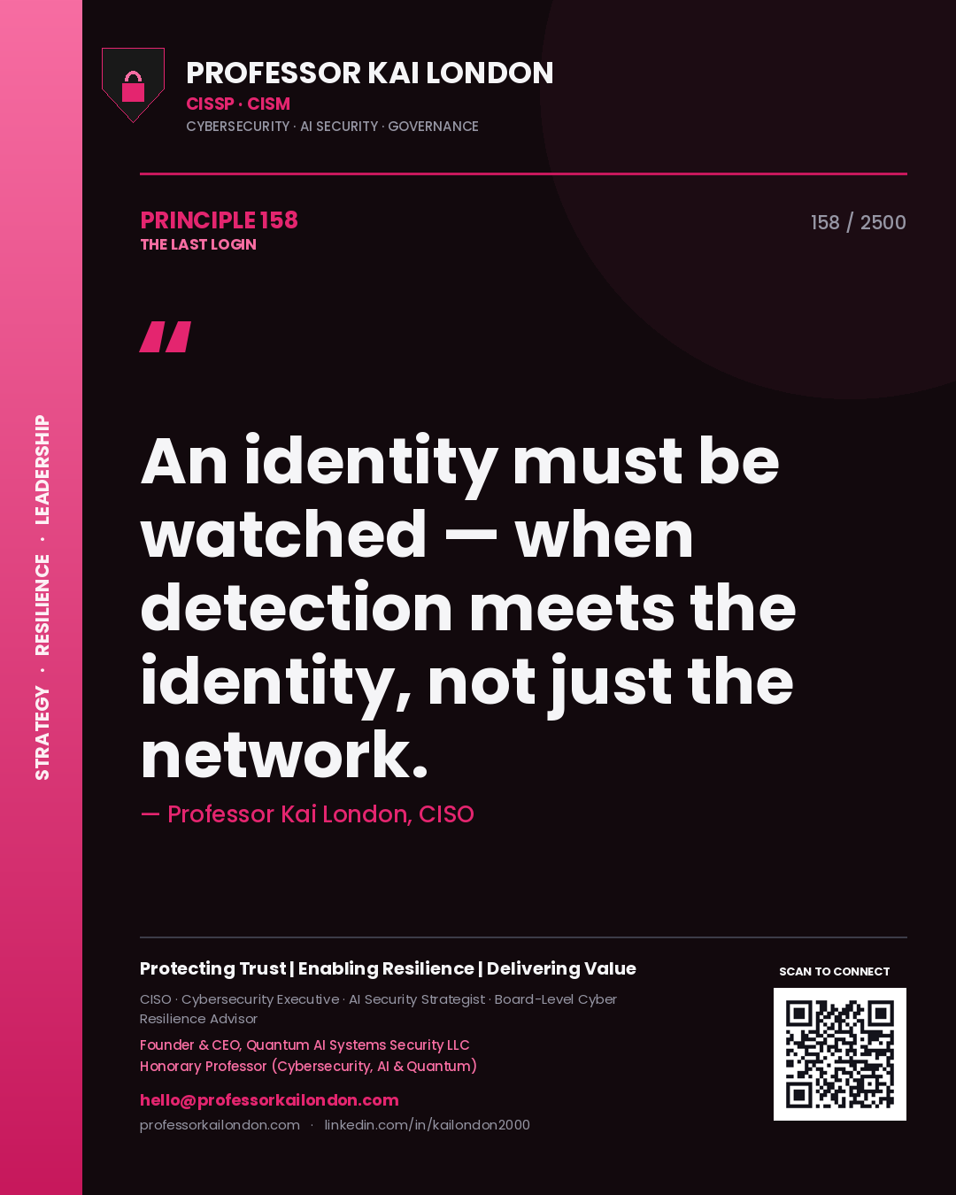 Professor Kai London principle 158: An identity must be watched — when detection meets the identity, not just the network.