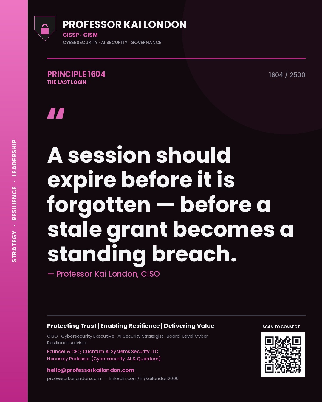 Quote card by Professor Kai London reading 'A session should expire before it is forgotten — before a stale grant becomes a standing breach.'. From the book The Last Login.