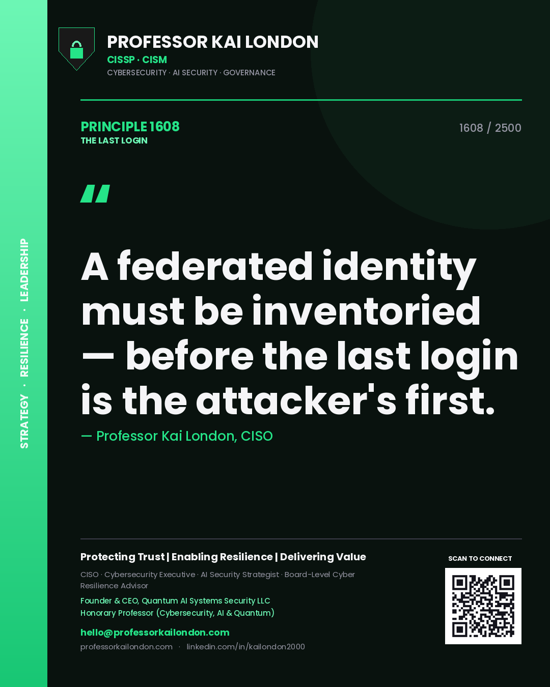 Professor Kai London principle 1608: A federated identity must be inventoried — before the last login is the attacker's first.