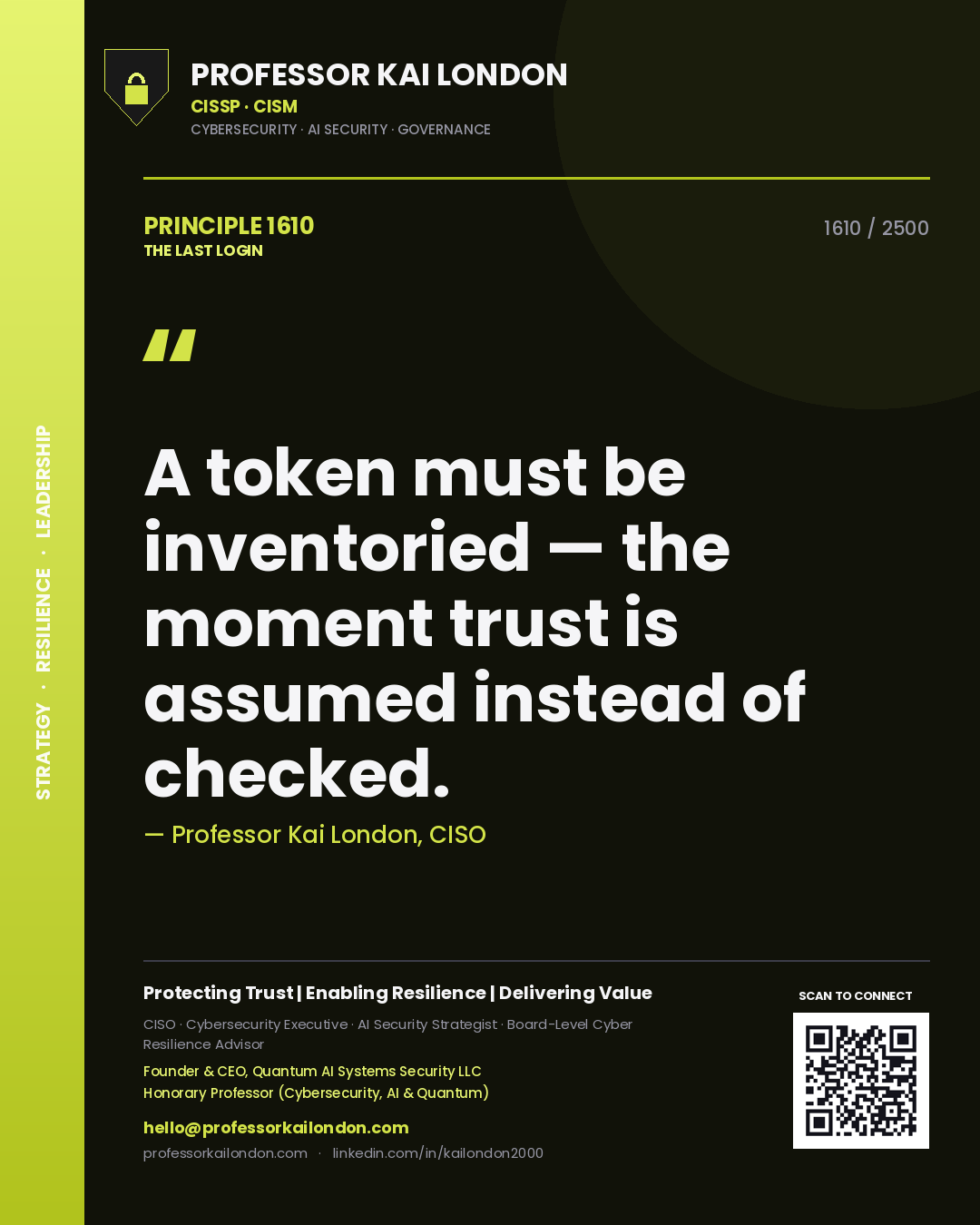 Professor Kai London principle 1610: A token must be inventoried — the moment trust is assumed instead of checked.