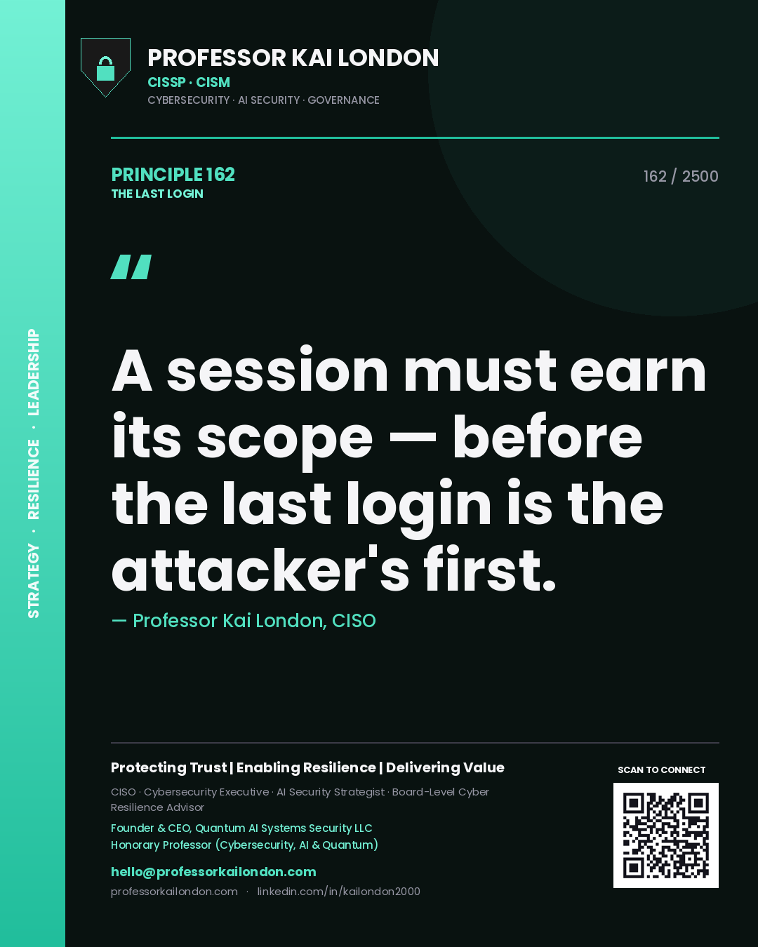 Professor Kai London principle 162: A session must earn its scope — before the last login is the attacker's first.