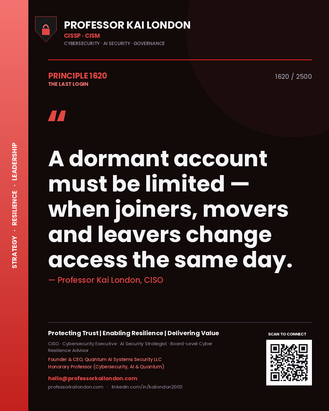 Quote card by Professor Kai London reading 'A dormant account must be limited — when joiners, movers and leavers change access the same day.'. From the book The Last Login.