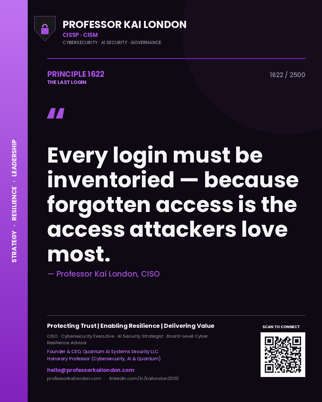 Professor Kai London principle 1622: Every login must be inventoried — because forgotten access is the access attackers love most.