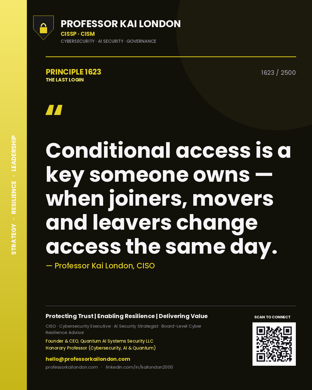Professor Kai London principle 1623: Conditional access is a key someone owns — when joiners, movers and leavers change access the same day.