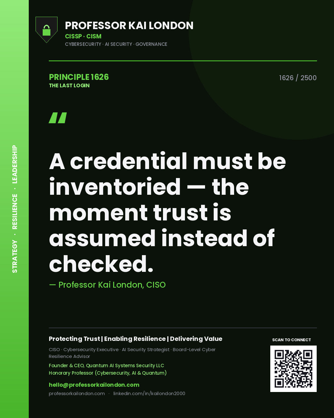 Quote card by Professor Kai London reading 'A credential must be inventoried — the moment trust is assumed instead of checked.'. From the book The Last Login.