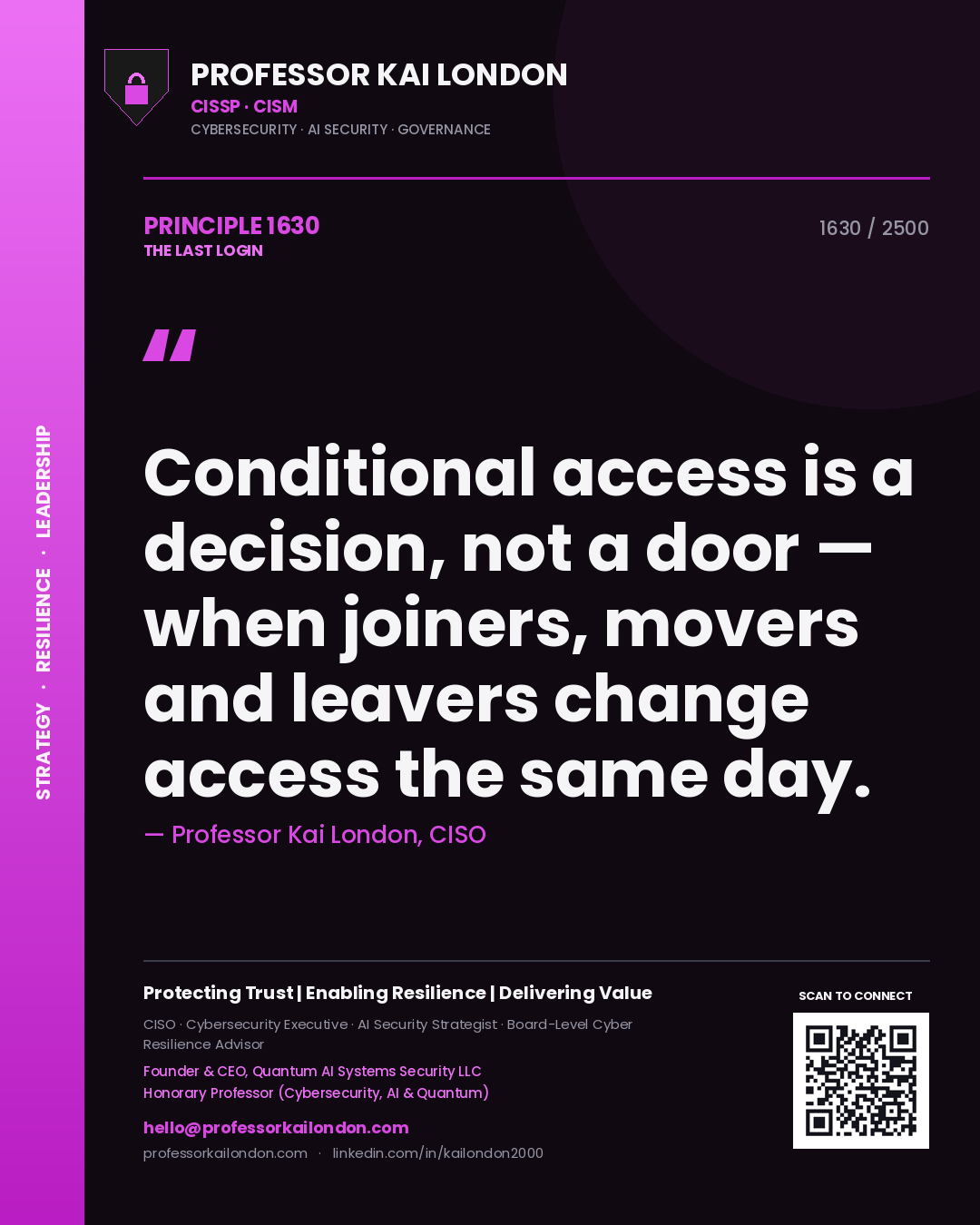 Professor Kai London principle 1630: Conditional access is a decision, not a door — when joiners, movers and leavers change access the same day.