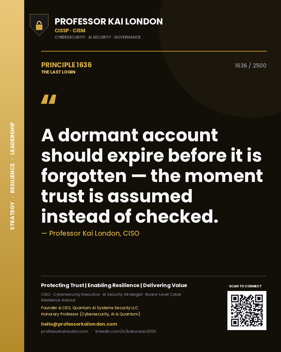 Quote card by Professor Kai London reading 'A dormant account should expire before it is forgotten — the moment trust is assumed instead of checked.'. From the book The Last Login.